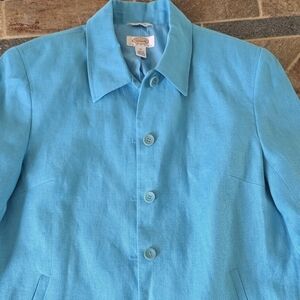 TALBOTS Turquoise 100% Linen IRISH Button-Up Shirt SZ 14.
